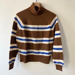 Merino Wool Striped Turtleneck Sweater Boiled Wool Brown Blue
